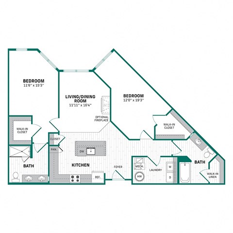 Floor plan for 2 beds, 2 baths, 1168 sqft